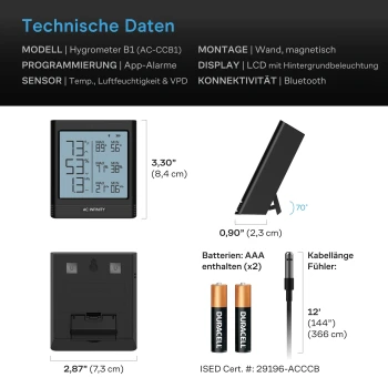 AC Infinity Smart Hygrometer B1 – VPD-klimaatmeter met externe sensor